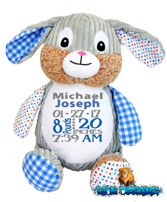 Embroidered harlequin bunny blue